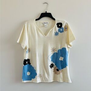 VTG Judith Hart Sweater Ivory Blue Floral Sequin Linen Womens XL Boho Art Preppy